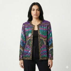 Jakelin Designs Statement Jacket Beaded Sequin Abstract Silk Black Purple XL